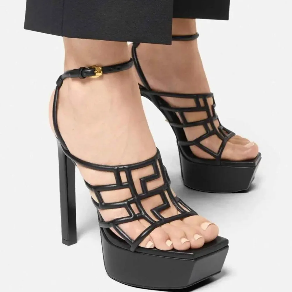 VERSACE Greca Maze Black Medusa Medallion Platform Sandals Size EU39.5